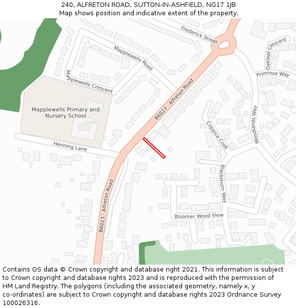240, ALFRETON ROAD, SUTTON-IN-ASHFIELD, NG17 1JB: Location map and indicative extent of plot