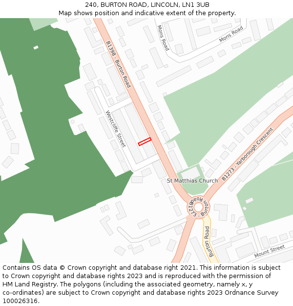240, BURTON ROAD, LINCOLN, LN1 3UB: Location map and indicative extent of plot