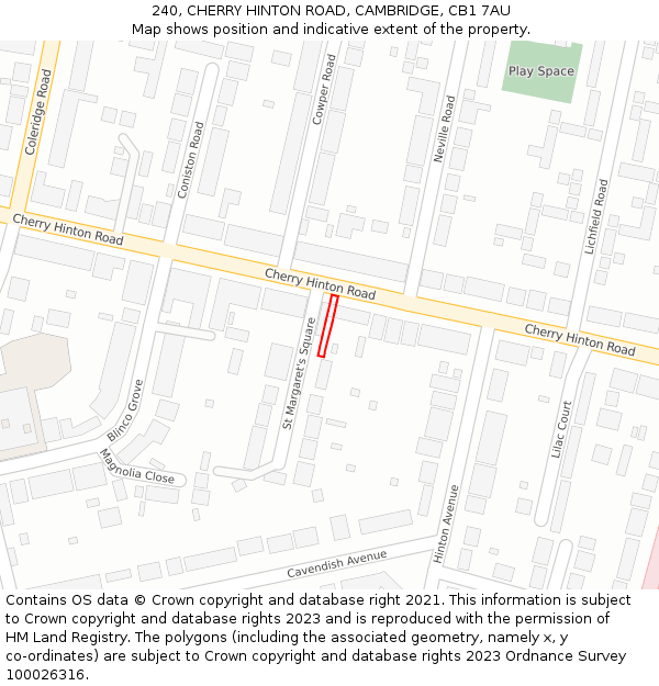240, CHERRY HINTON ROAD, CAMBRIDGE, CB1 7AU: Location map and indicative extent of plot