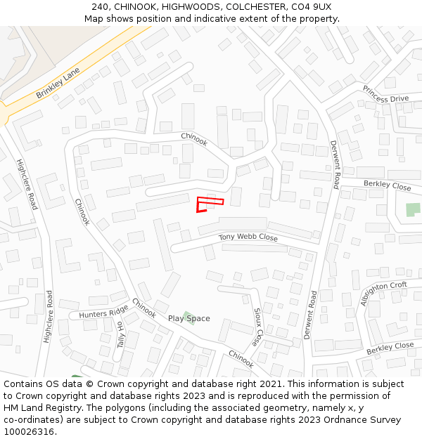 240, CHINOOK, HIGHWOODS, COLCHESTER, CO4 9UX: Location map and indicative extent of plot