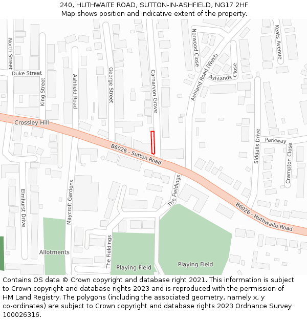 240, HUTHWAITE ROAD, SUTTON-IN-ASHFIELD, NG17 2HF: Location map and indicative extent of plot