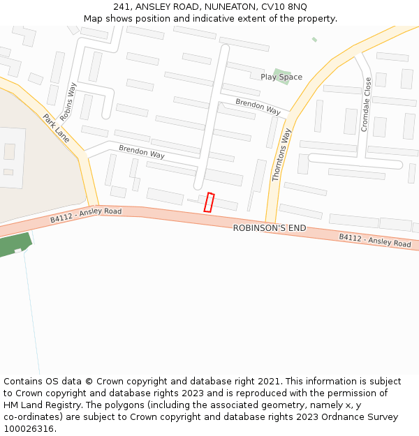 241, ANSLEY ROAD, NUNEATON, CV10 8NQ: Location map and indicative extent of plot