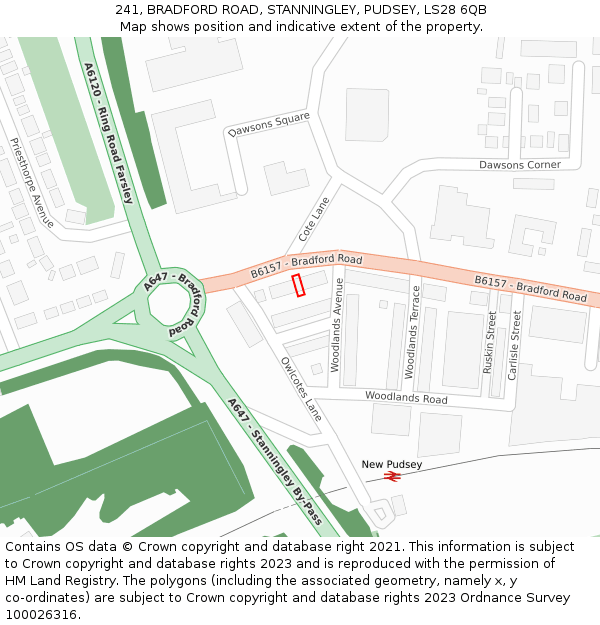 241, BRADFORD ROAD, STANNINGLEY, PUDSEY, LS28 6QB: Location map and indicative extent of plot