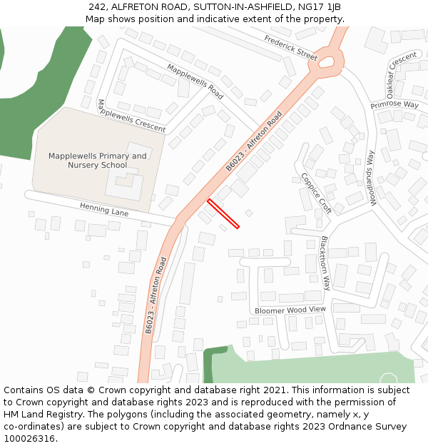242, ALFRETON ROAD, SUTTON-IN-ASHFIELD, NG17 1JB: Location map and indicative extent of plot