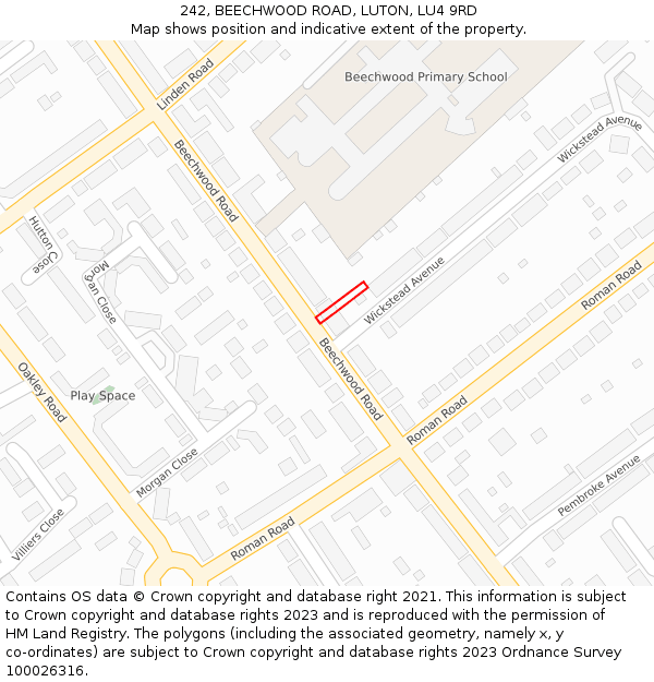 242, BEECHWOOD ROAD, LUTON, LU4 9RD: Location map and indicative extent of plot