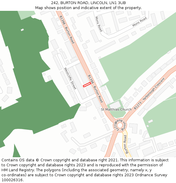 242, BURTON ROAD, LINCOLN, LN1 3UB: Location map and indicative extent of plot