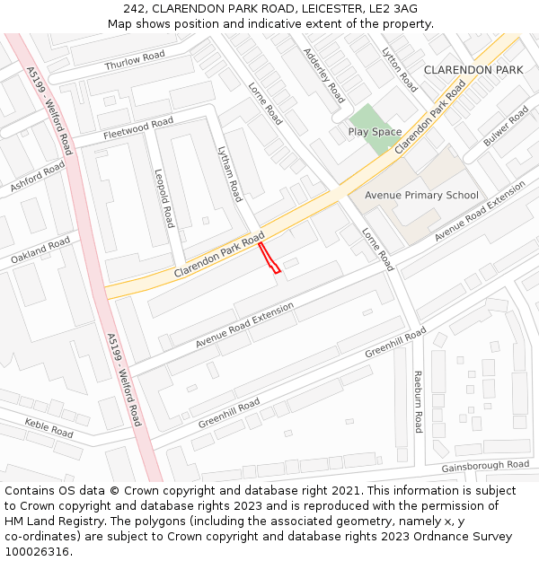 242, CLARENDON PARK ROAD, LEICESTER, LE2 3AG: Location map and indicative extent of plot