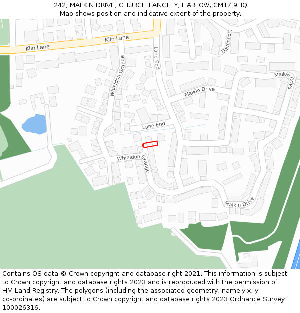 242, MALKIN DRIVE, CHURCH LANGLEY, HARLOW, CM17 9HQ: Location map and indicative extent of plot