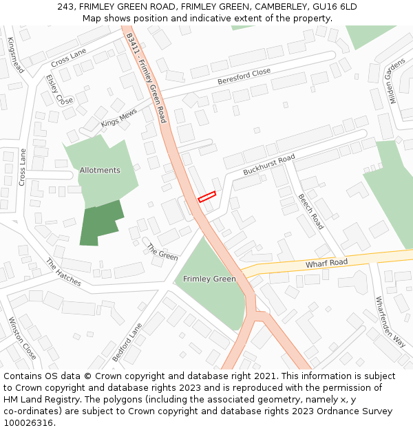243, FRIMLEY GREEN ROAD, FRIMLEY GREEN, CAMBERLEY, GU16 6LD: Location map and indicative extent of plot