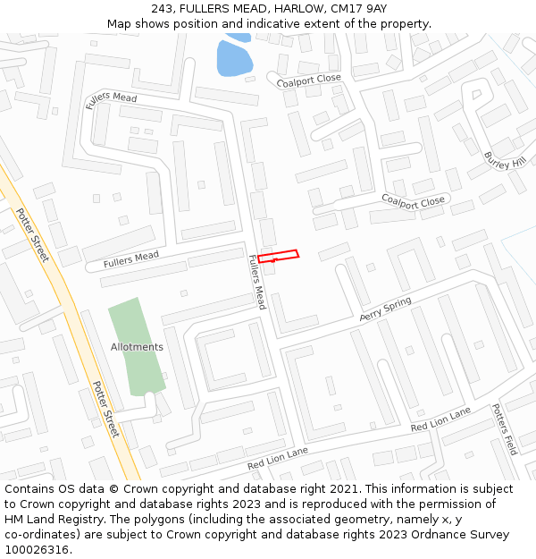 243, FULLERS MEAD, HARLOW, CM17 9AY: Location map and indicative extent of plot