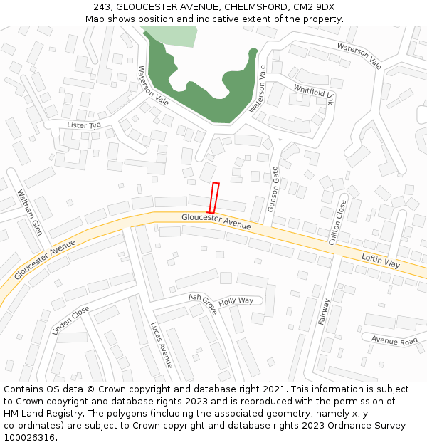 243, GLOUCESTER AVENUE, CHELMSFORD, CM2 9DX: Location map and indicative extent of plot