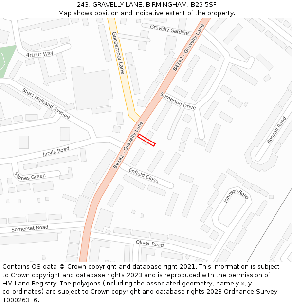 243, GRAVELLY LANE, BIRMINGHAM, B23 5SF: Location map and indicative extent of plot