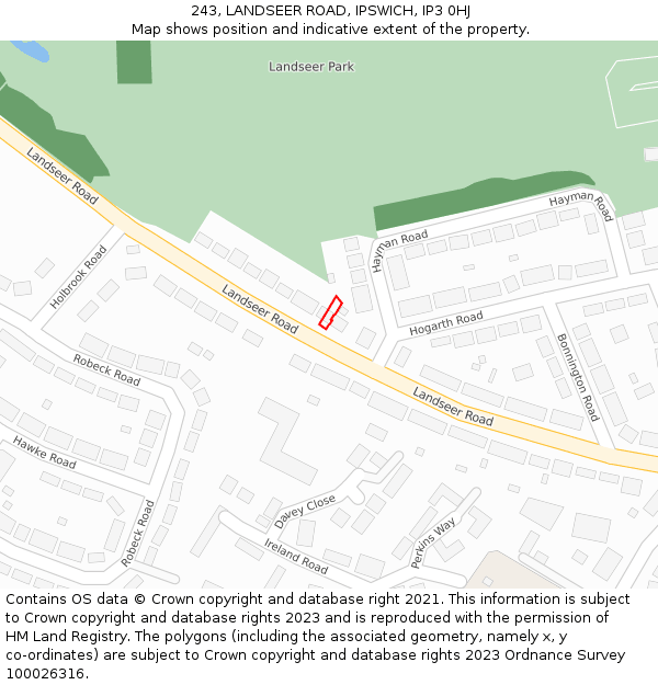 243, LANDSEER ROAD, IPSWICH, IP3 0HJ: Location map and indicative extent of plot