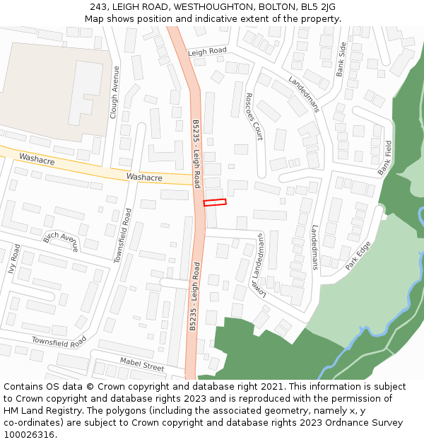 243, LEIGH ROAD, WESTHOUGHTON, BOLTON, BL5 2JG: Location map and indicative extent of plot