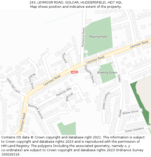 243, LEYMOOR ROAD, GOLCAR, HUDDERSFIELD, HD7 4QL: Location map and indicative extent of plot