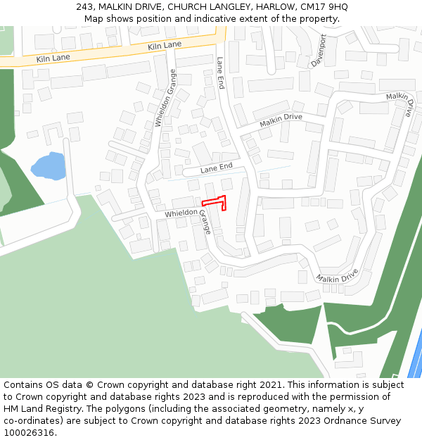 243, MALKIN DRIVE, CHURCH LANGLEY, HARLOW, CM17 9HQ: Location map and indicative extent of plot