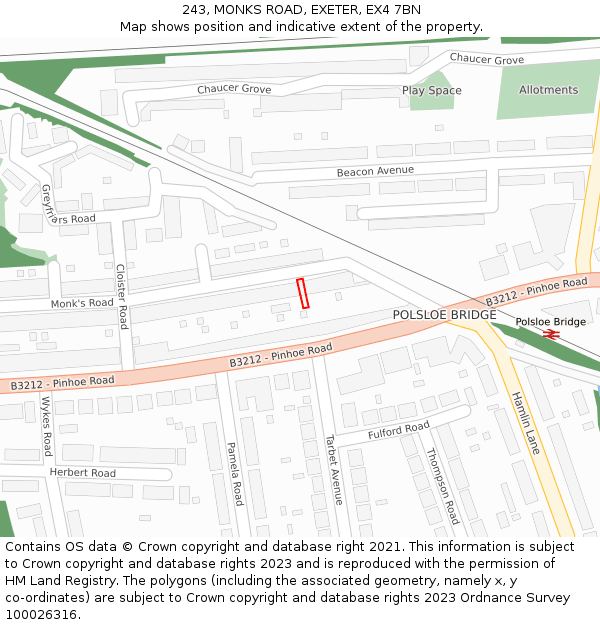 243, MONKS ROAD, EXETER, EX4 7BN: Location map and indicative extent of plot