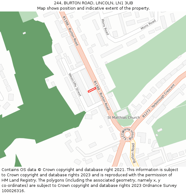 244, BURTON ROAD, LINCOLN, LN1 3UB: Location map and indicative extent of plot