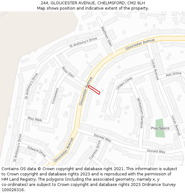 244, GLOUCESTER AVENUE, CHELMSFORD, CM2 9LH: Location map and indicative extent of plot