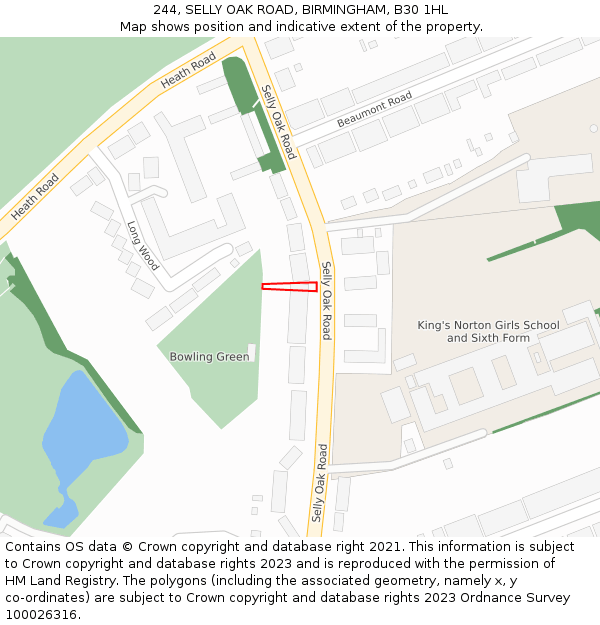 244, SELLY OAK ROAD, BIRMINGHAM, B30 1HL: Location map and indicative extent of plot