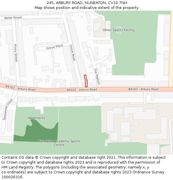 245, ARBURY ROAD, NUNEATON, CV10 7NH: Location map and indicative extent of plot