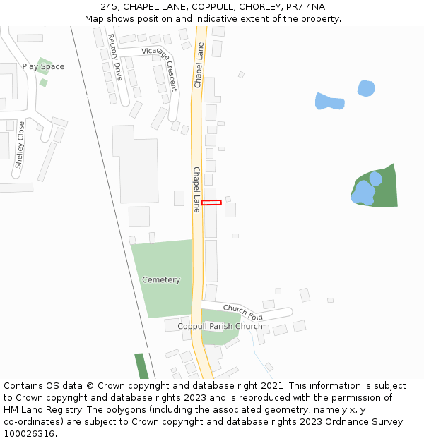 245, CHAPEL LANE, COPPULL, CHORLEY, PR7 4NA: Location map and indicative extent of plot