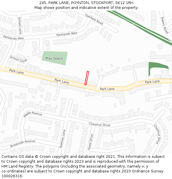 245, PARK LANE, POYNTON, STOCKPORT, SK12 1RH: Location map and indicative extent of plot