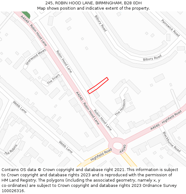 245, ROBIN HOOD LANE, BIRMINGHAM, B28 0DH: Location map and indicative extent of plot