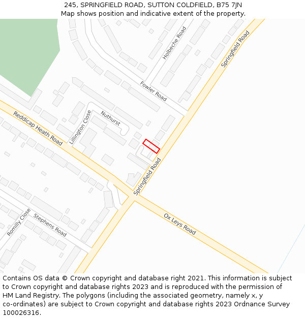 245, SPRINGFIELD ROAD, SUTTON COLDFIELD, B75 7JN: Location map and indicative extent of plot