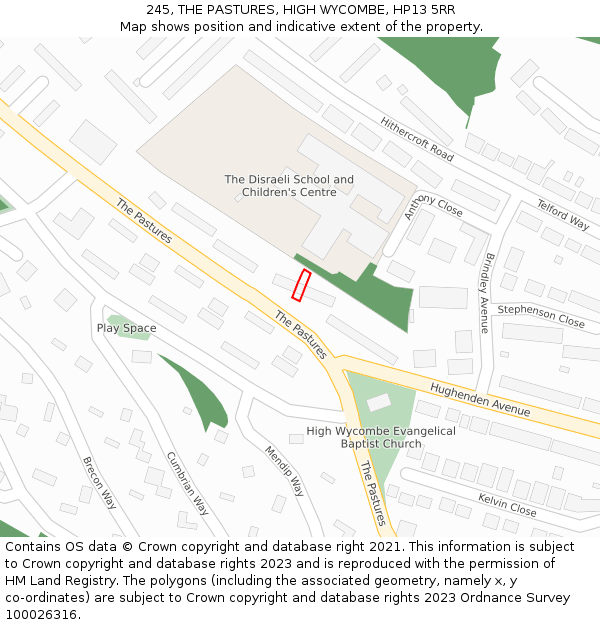 245, THE PASTURES, HIGH WYCOMBE, HP13 5RR: Location map and indicative extent of plot