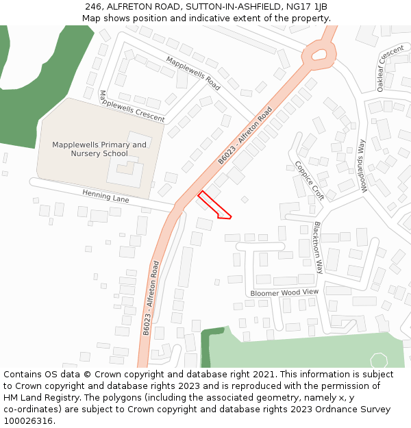 246, ALFRETON ROAD, SUTTON-IN-ASHFIELD, NG17 1JB: Location map and indicative extent of plot