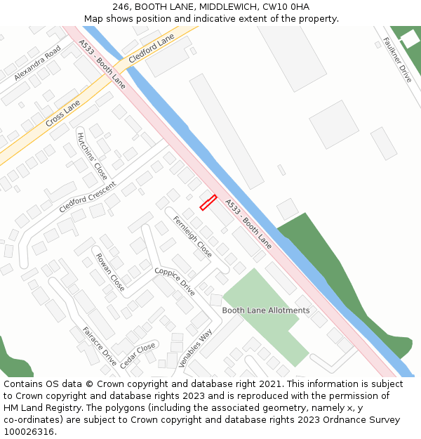 246, BOOTH LANE, MIDDLEWICH, CW10 0HA: Location map and indicative extent of plot