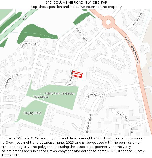 246, COLUMBINE ROAD, ELY, CB6 3WP: Location map and indicative extent of plot