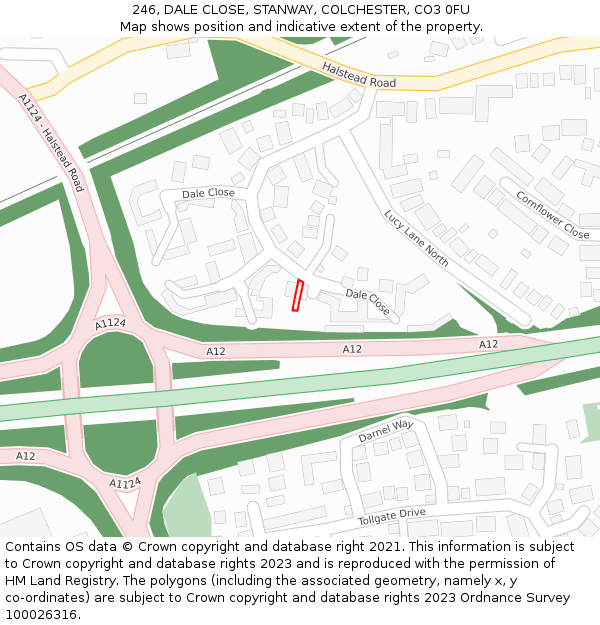 246, DALE CLOSE, STANWAY, COLCHESTER, CO3 0FU: Location map and indicative extent of plot