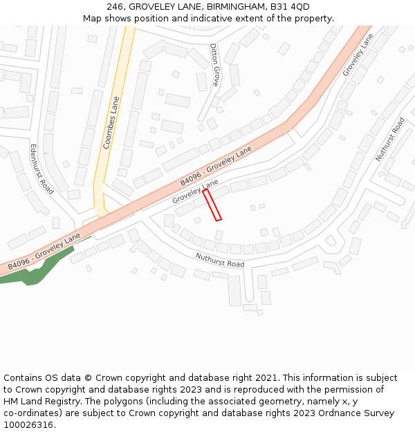 246, GROVELEY LANE, BIRMINGHAM, B31 4QD: Location map and indicative extent of plot