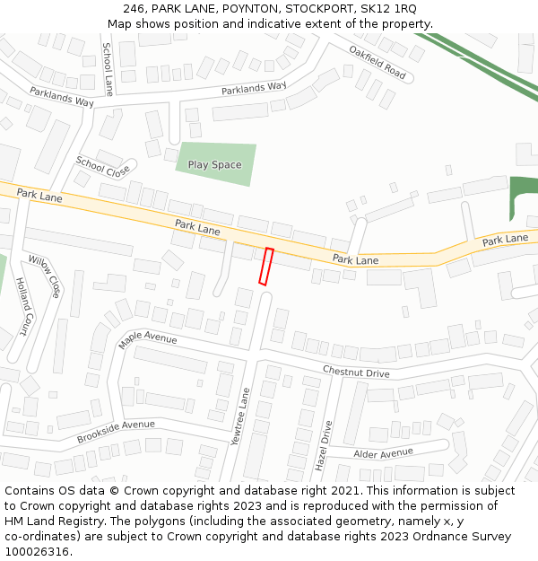 246, PARK LANE, POYNTON, STOCKPORT, SK12 1RQ: Location map and indicative extent of plot