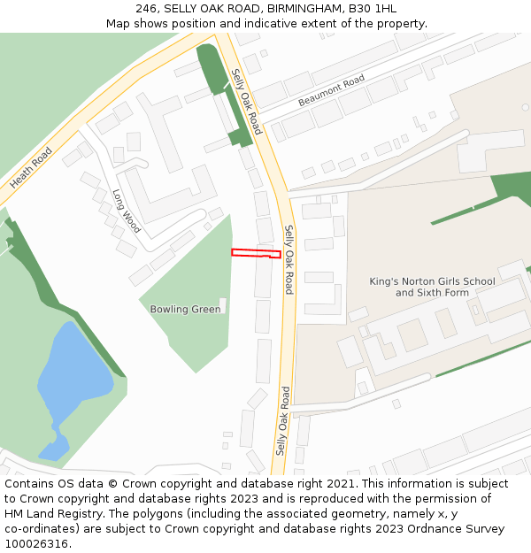 246, SELLY OAK ROAD, BIRMINGHAM, B30 1HL: Location map and indicative extent of plot