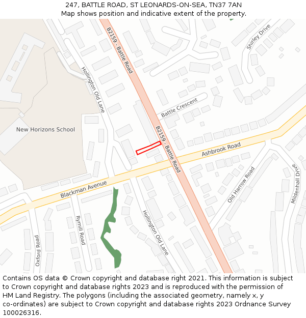 247, BATTLE ROAD, ST LEONARDS-ON-SEA, TN37 7AN: Location map and indicative extent of plot