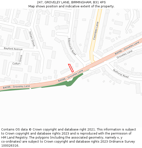 247, GROVELEY LANE, BIRMINGHAM, B31 4PS: Location map and indicative extent of plot