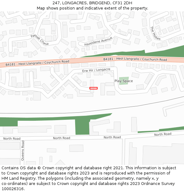 247, LONGACRES, BRIDGEND, CF31 2DH: Location map and indicative extent of plot