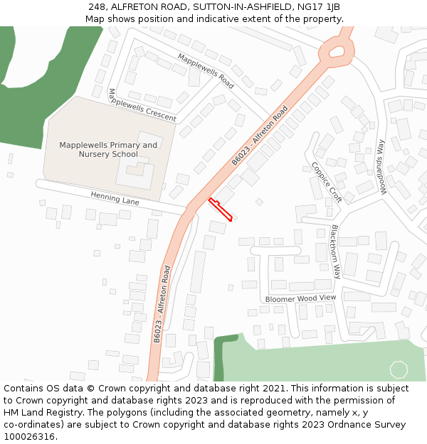 248, ALFRETON ROAD, SUTTON-IN-ASHFIELD, NG17 1JB: Location map and indicative extent of plot