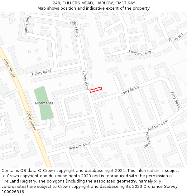 248, FULLERS MEAD, HARLOW, CM17 9AY: Location map and indicative extent of plot
