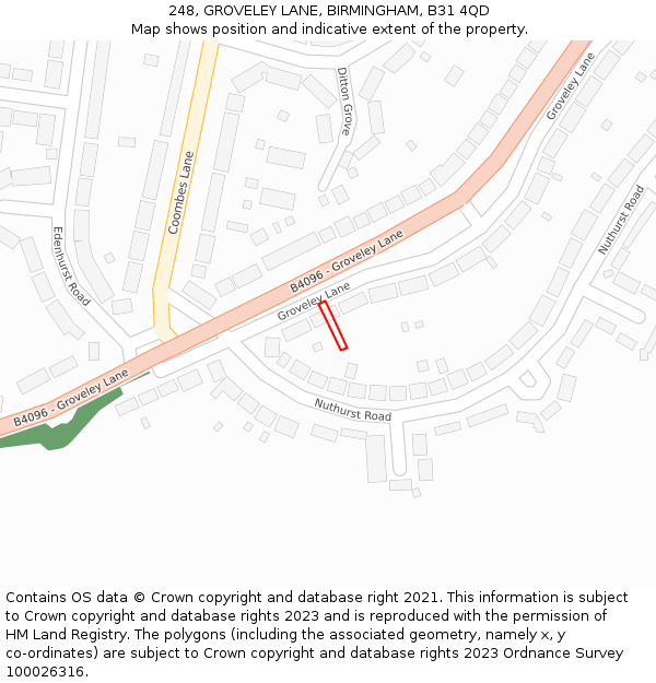 248, GROVELEY LANE, BIRMINGHAM, B31 4QD: Location map and indicative extent of plot