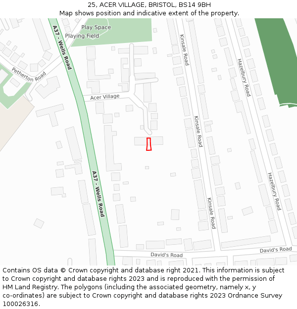 25, ACER VILLAGE, BRISTOL, BS14 9BH: Location map and indicative extent of plot