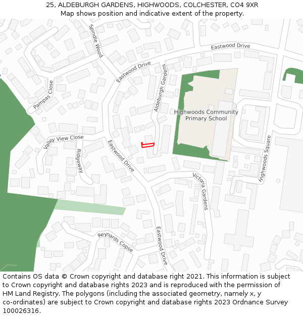 25, ALDEBURGH GARDENS, HIGHWOODS, COLCHESTER, CO4 9XR: Location map and indicative extent of plot