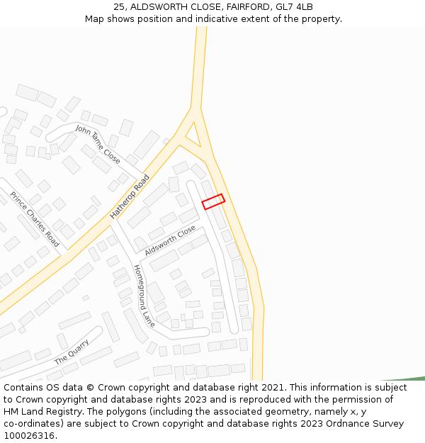 25, ALDSWORTH CLOSE, FAIRFORD, GL7 4LB: Location map and indicative extent of plot