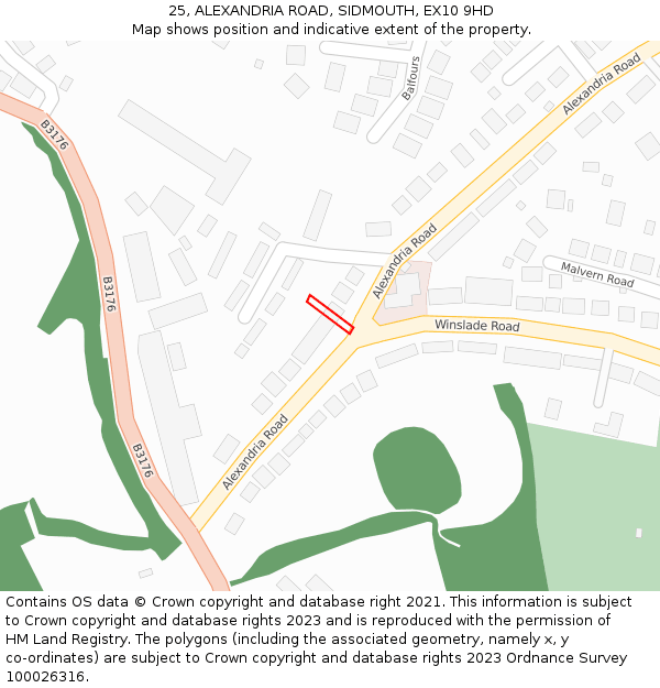 25, ALEXANDRIA ROAD, SIDMOUTH, EX10 9HD: Location map and indicative extent of plot