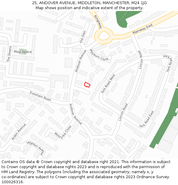 25, ANDOVER AVENUE, MIDDLETON, MANCHESTER, M24 1JG: Location map and indicative extent of plot