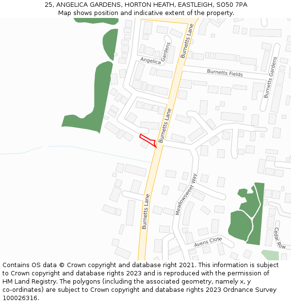 25, ANGELICA GARDENS, HORTON HEATH, EASTLEIGH, SO50 7PA: Location map and indicative extent of plot