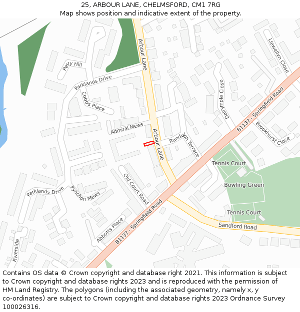 25, ARBOUR LANE, CHELMSFORD, CM1 7RG: Location map and indicative extent of plot